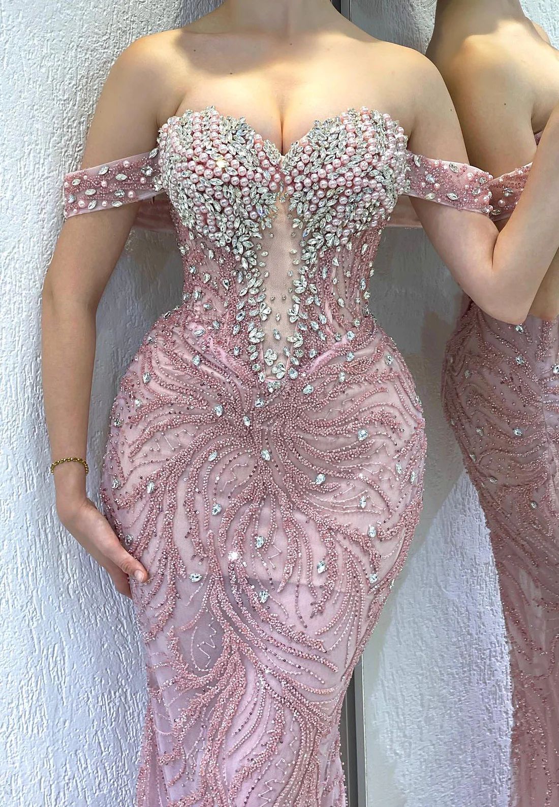 Sweetheart Beaded Emboridery Pearl Evening Mermaid Sparkly Prom Dress