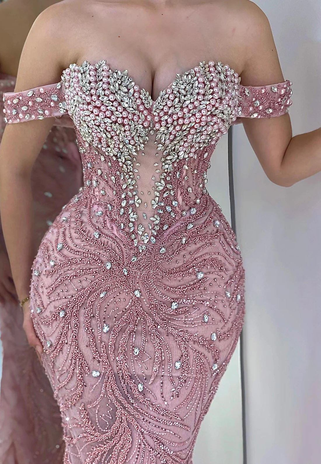 Sweetheart Beaded Emboridery Pearl Evening Mermaid Sparkly Prom Dress