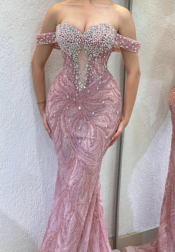 Sweetheart Beaded Emboridery Pearl Evening Mermaid Sparkly Prom Dress