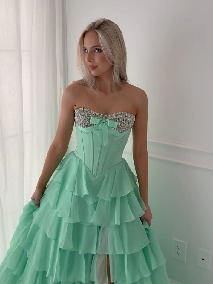 Beaded Champagne Prom Dress Satin Corset Ruffled Long Formal Dress With Slit