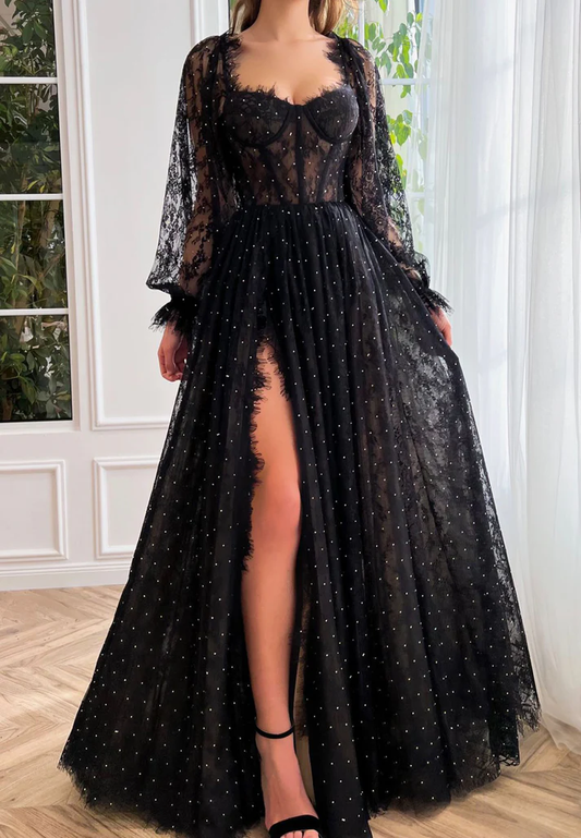 Sweetheart Long Sleeves Appliques Tulle A-Line Prom Dress