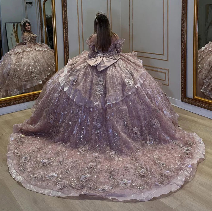 Sweetheart Luxury Tulle 3D Flowers Ruffles Pink Quinceanera Dresses