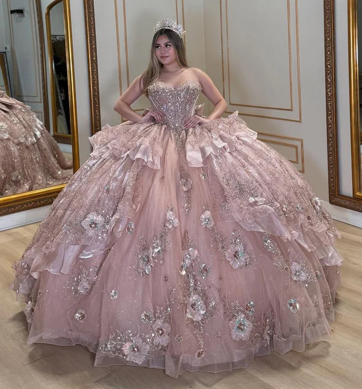 Sweetheart Luxury Tulle 3D Flowers Ruffles Pink Quinceanera Dresses
