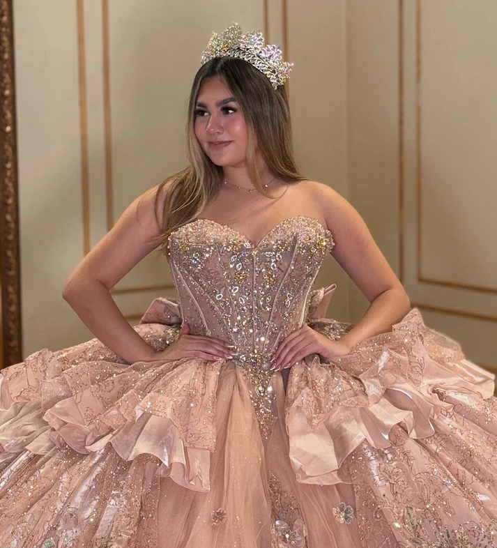 Sweetheart Luxury Tulle 3D Flowers Ruffles Pink Quinceanera Dresses