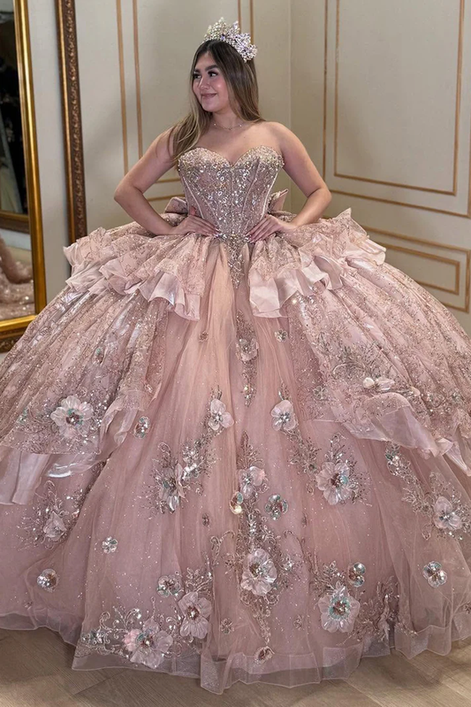 Sweetheart Luxury Tulle 3D Flowers Ruffles Pink Quinceanera Dresses