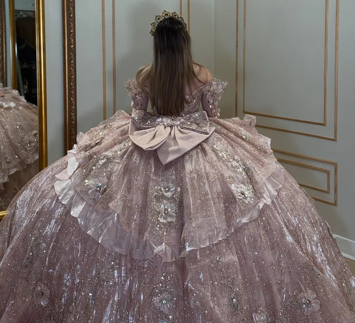 Sweetheart Luxury Tulle 3D Flowers Ruffles Pink Quinceanera Dresses