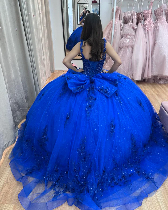 Sweetheart Neck Straps Sleeveless Beaded Appliques Bow Knot Royal Blue Sweet 15 Quinceañera Dress