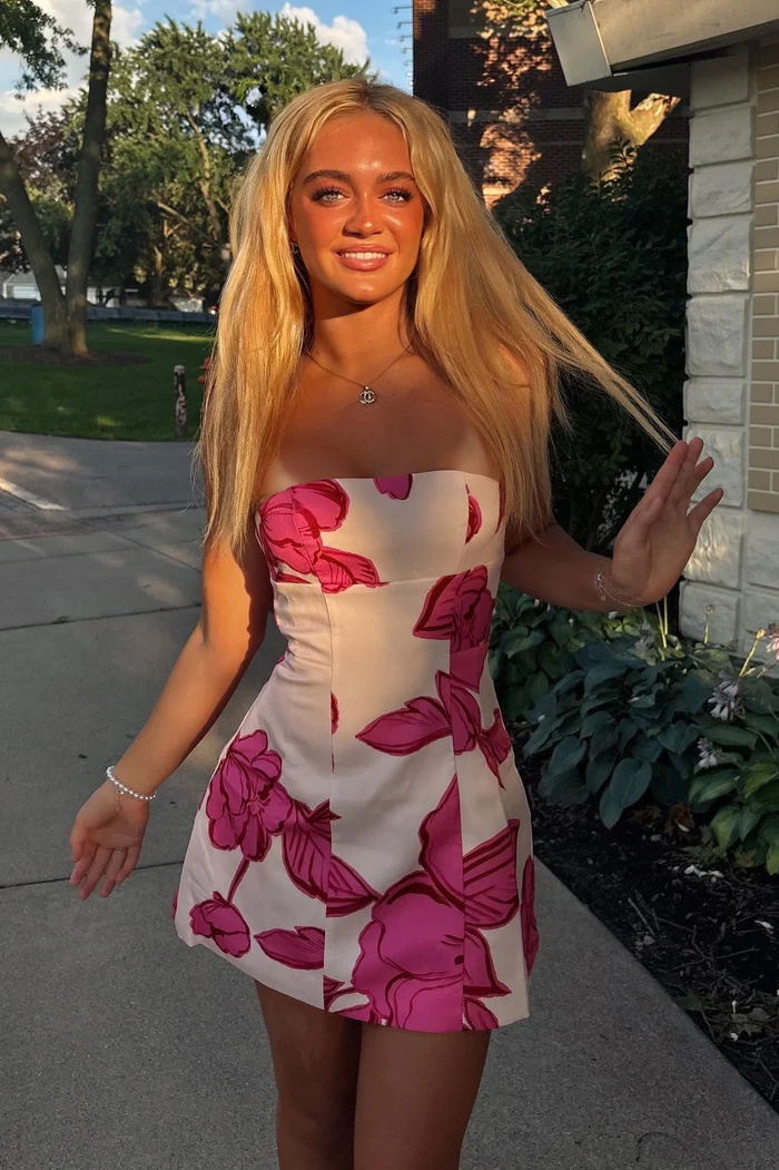 Trendy A Line Strapless Pink Printed Short Homecoming Dress