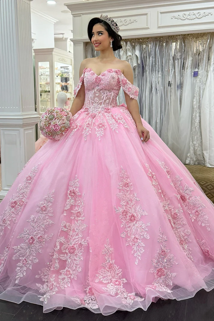 Tulle Lace Appliqued Sweet 16 Pink Quinceanera Dresses Off Shoulder Birthday Party Gowns
