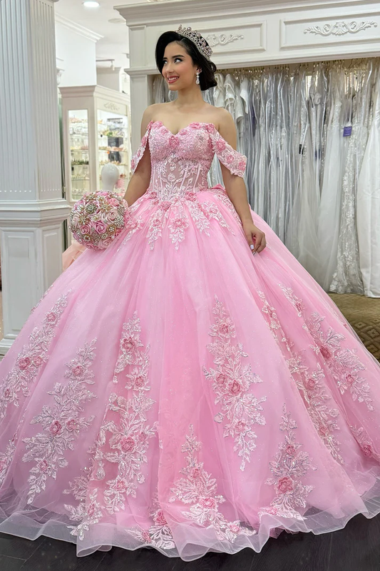 Tulle Lace Appliqued Sweet 16 Pink Quinceanera Dresses Off Shoulder Birthday Party Gowns