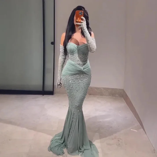 Turquoise Strapless Beaded Mermaid Evening Gown with Matching Gloves