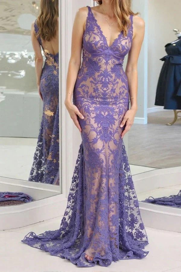 V-Neck Backless Lilac Prom Dress with Lace