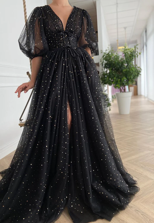 V-Neck Half Sleeves Tulle A-Line Prom Dress