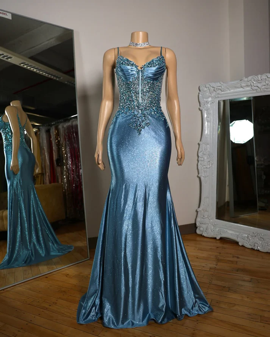 V-Neck Sleeveless Appliques Mermaid Sparkly Prom Dress for Black Girls