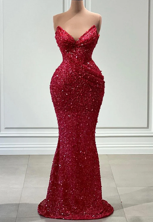 V-Neck Sleeveless Sequins Ruched Sparkly Prom Dress