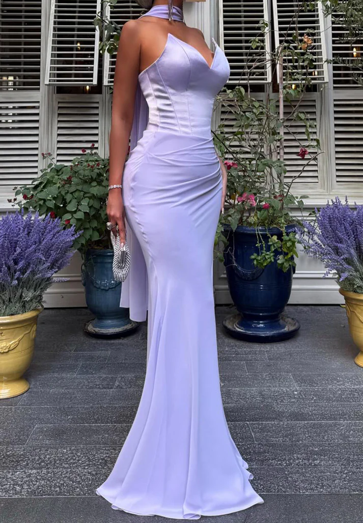 V-Neck Strapless Sleek Prom Dress Mermaid Lilac Evening Dress