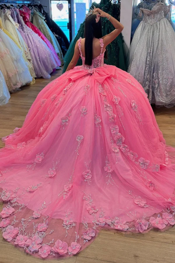V Neck Spaghetti Straps Sleeveless Hot Pink Quinceañera Dress with Sequins Beaded 3D Flowers Appliques