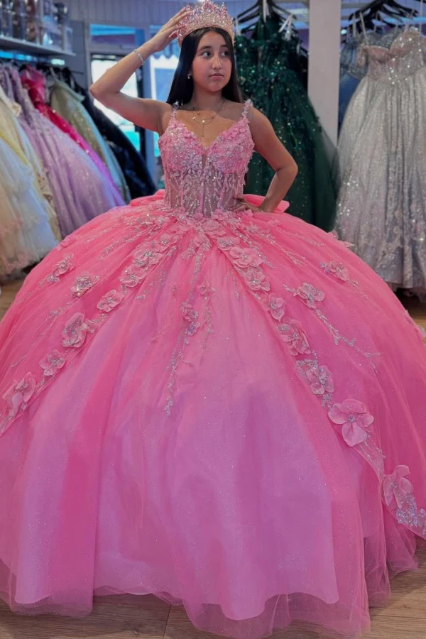 V Neck Spaghetti Straps Sleeveless Hot Pink Quinceañera Dress with Sequins Beaded 3D Flowers Appliques