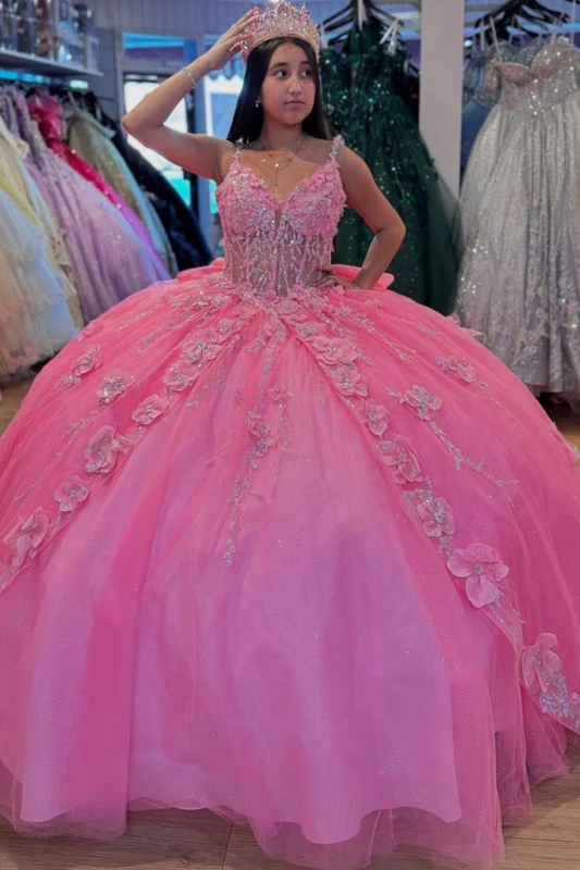V Neck Spaghetti Straps Sleeveless Hot Pink Quinceañera Dress with Sequins Beaded 3D Flowers Appliques