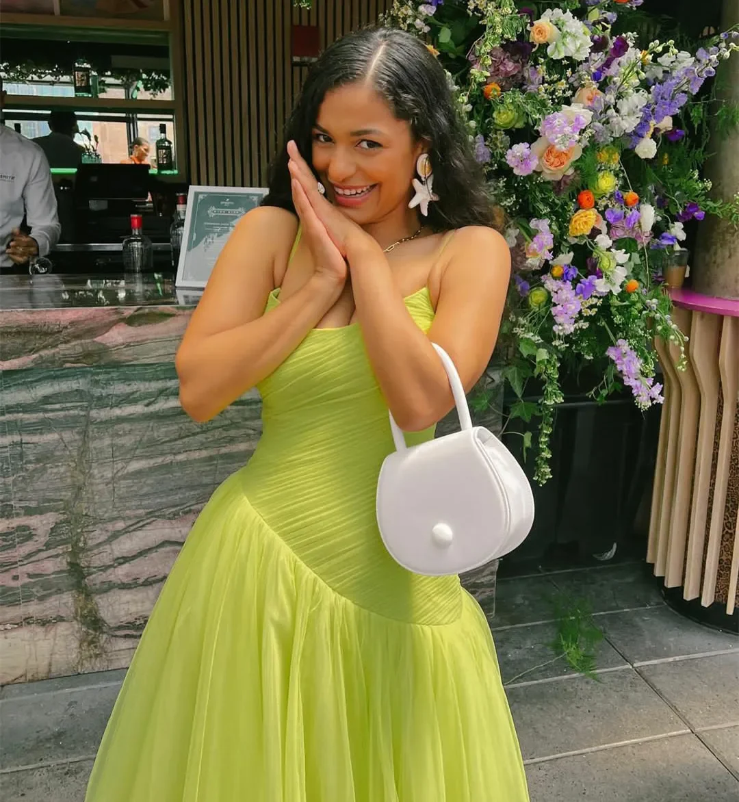 Vintage Green Tulle Muslim Evening Dress Women A Line Pleated Formal Prom Dress Party Gowns