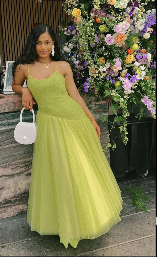 Vintage Green Tulle Muslim Evening Dress Women A Line Pleated Formal Prom Dress Party Gowns