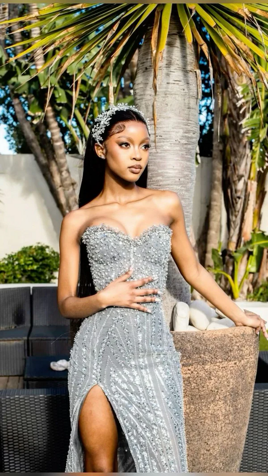 Vintage Mermaid Sweetheart Silver Sequin Beads Long Split Prom Dresses Party Dress Black Girl Outfits Graduation Dresses