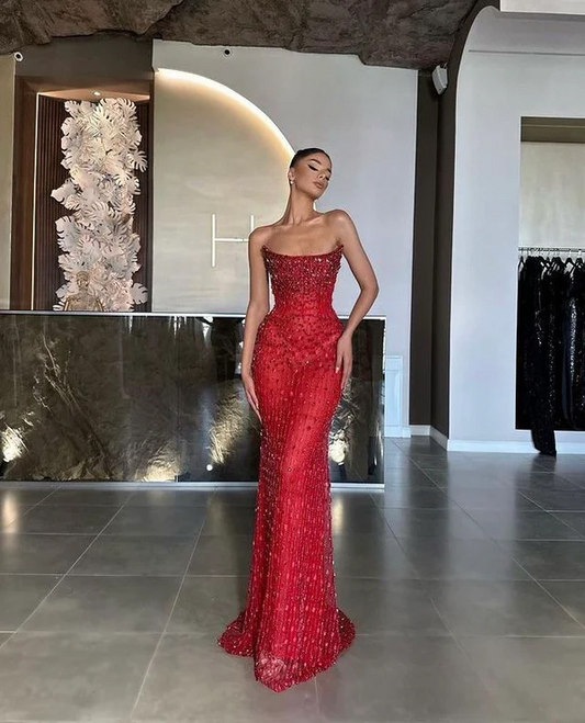 Vintage Sheath Strapless Sequin Red Beads Long Prom Dresses Party Dress Graduation Dresses