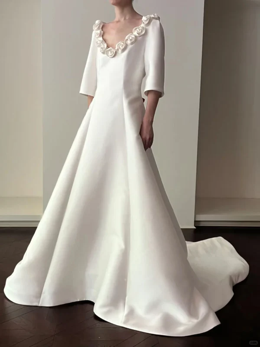Vintage Simple A Line Long Sleeve White Rose Satin Wedding Dress