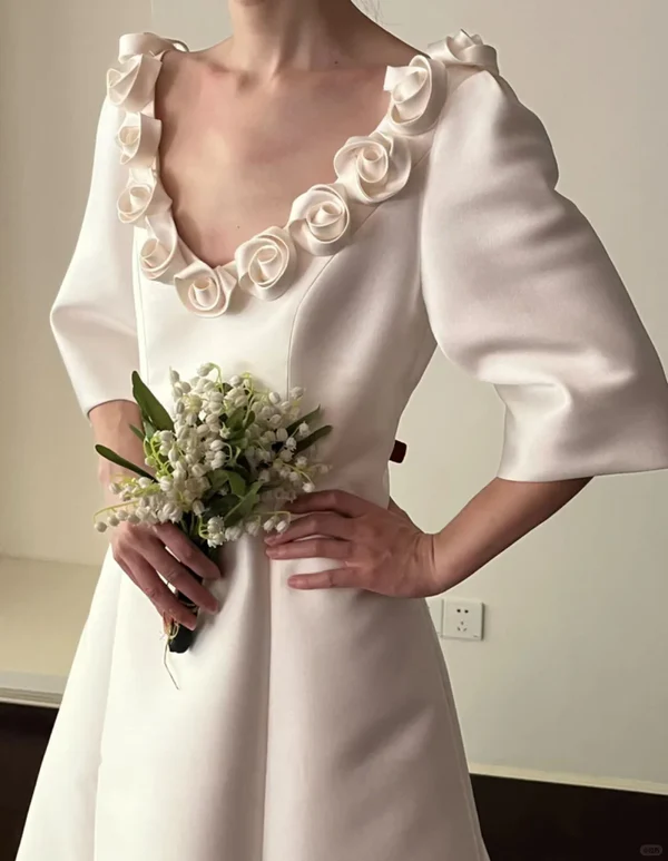 Vintage Simple A Line Long Sleeve White Rose Satin Wedding Dress