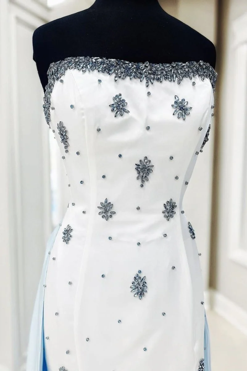 White Strapless A-Line Beads Side Slit Formal Prom Dress With Train