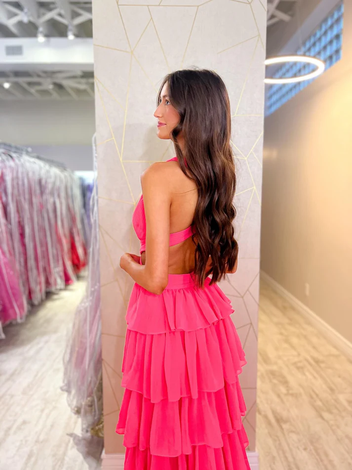 Women's A Line Deep V Neck Long Prom Dresses Chiffon Ruffled Evening Party Gowns