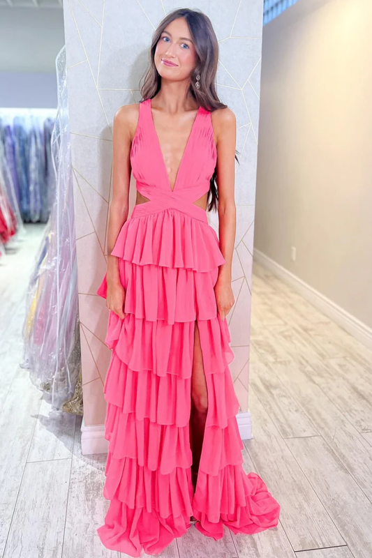 Women's A Line Deep V Neck Long Prom Dresses Chiffon Ruffled Evening Party Gowns