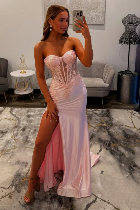 Women's Mermaid Satin Lace Prom Dresses Long Sweetheart Corset Party Dresses with Slit