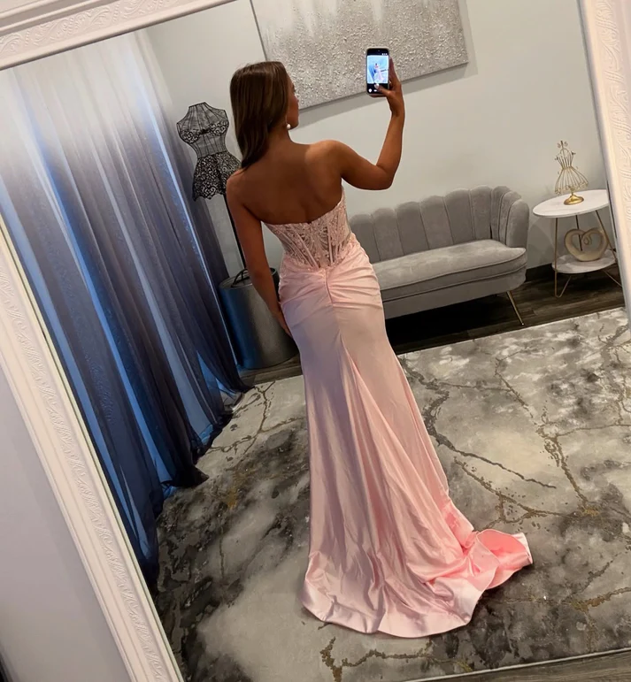 Women's Mermaid Satin Lace Prom Dresses Long Sweetheart Corset Party Dresses with Slit