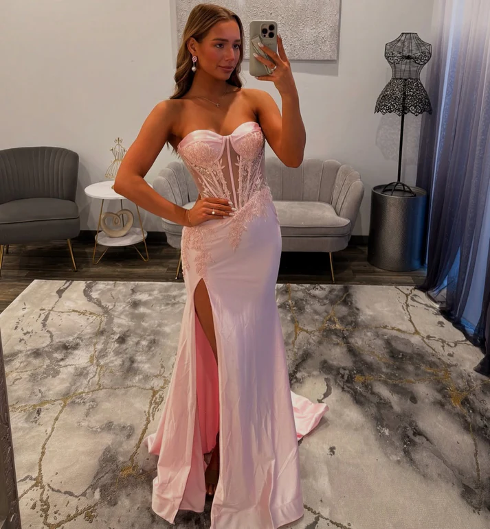 Women's Mermaid Satin Lace Prom Dresses Long Sweetheart Corset Party Dresses with Slit