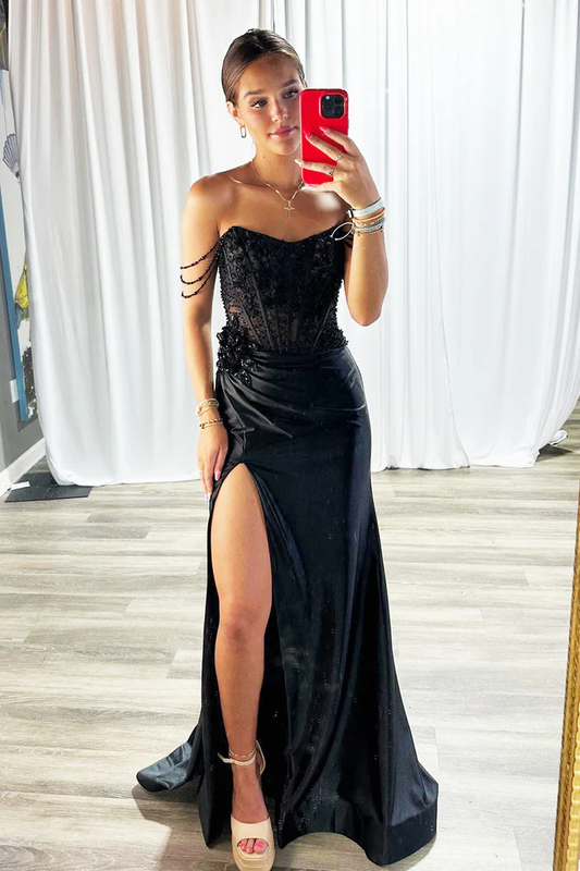 Women's Satin Corset Sequin Beaded Black Long Prom Dresses with Side Slit