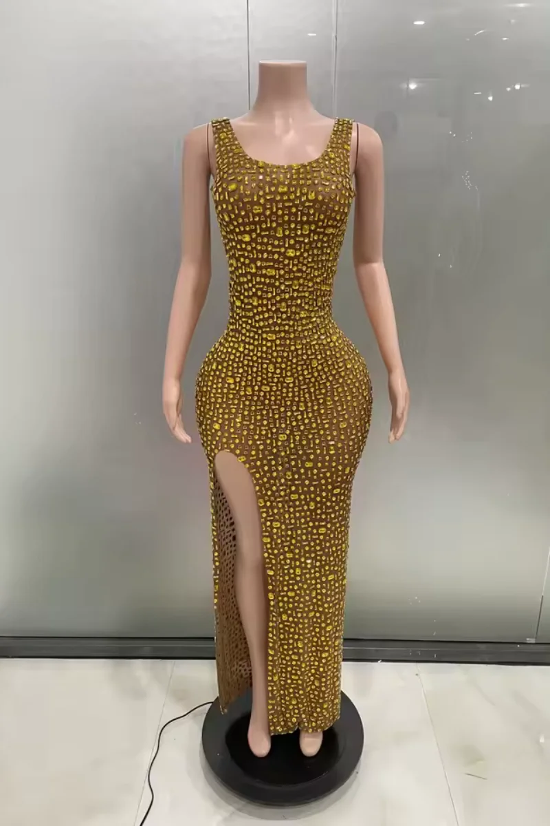 Women's shiny luxurious high slit sexy golden sequined tight dress evening dress performance costume bar nightclub singer dancer