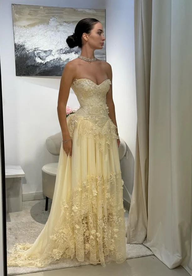 Yellow A Line Sweetheart Neck Appliques Lace Chiffon Prom Dress Wedding Guest Dress