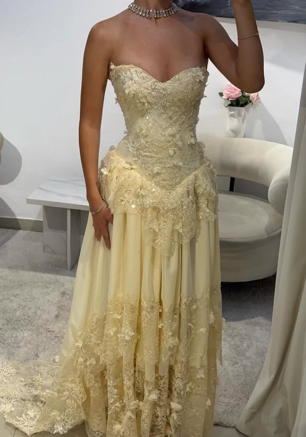 Yellow A Line Sweetheart Neck Appliques Lace Chiffon Prom Dress Wedding Guest Dress