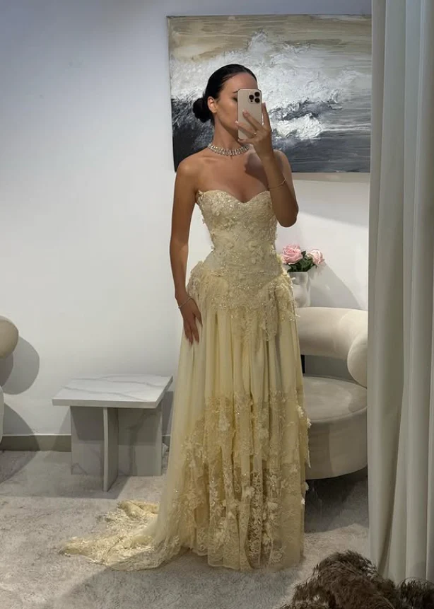 Yellow A Line Sweetheart Neck Appliques Lace Chiffon Prom Dress Wedding Guest Dress