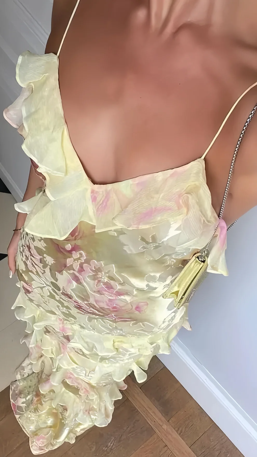 Yellow Floral Slim V-Neck Long Prom Dresses Spaghetti Straps Evening Party Dress