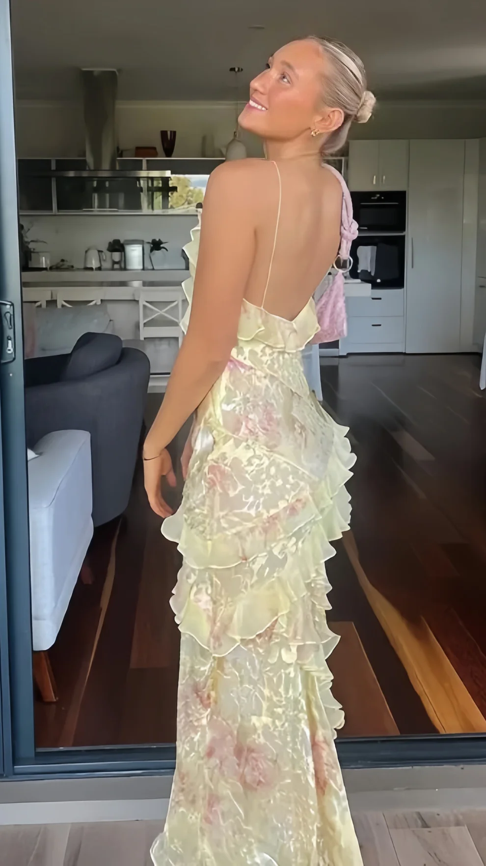 Yellow Floral Slim V-Neck Long Prom Dresses Spaghetti Straps Evening Party Dress