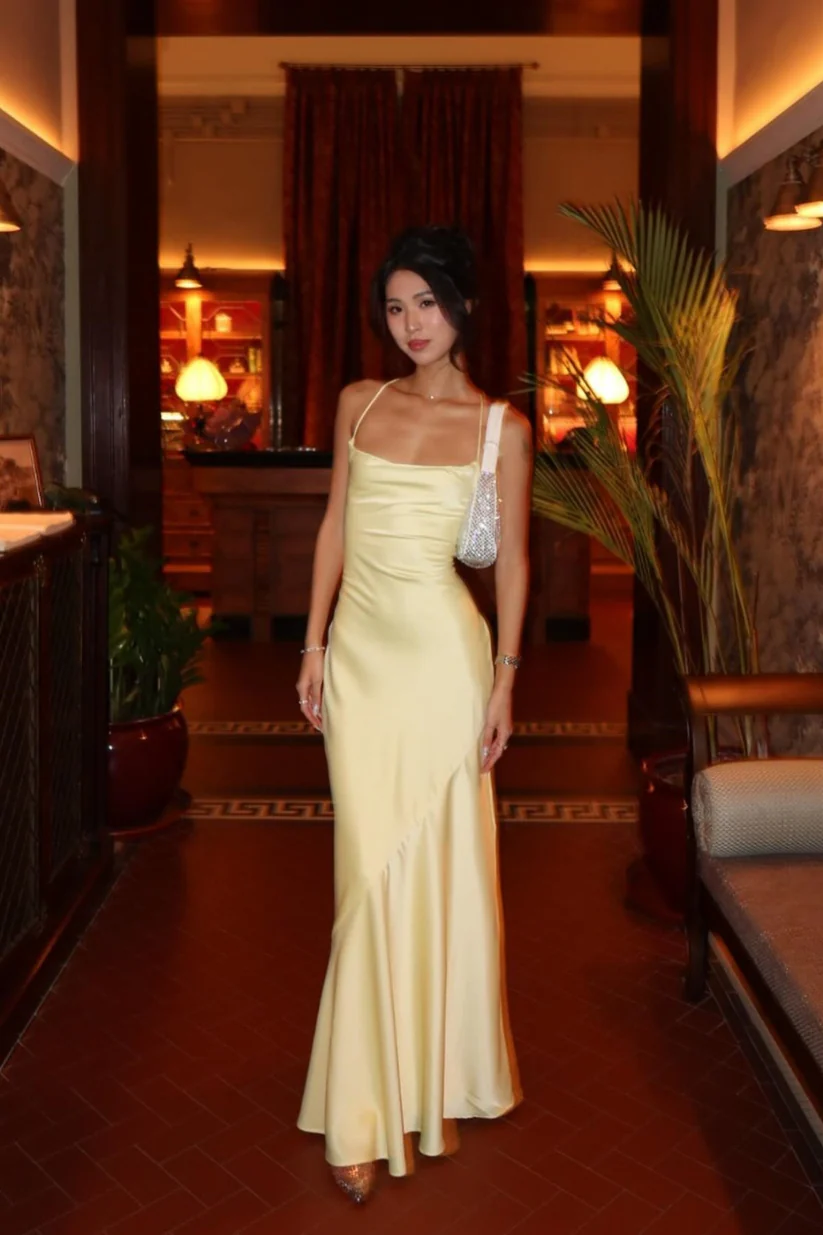 Yellow Spaghetti Straps Long Backless Prom Dress