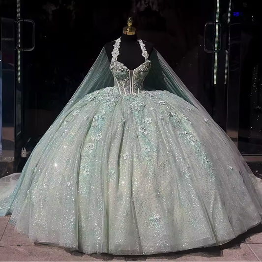 Luxury Glittering Mint Green Quinceanera Dresses Birthday Party Prom Princess Ball Gown Vestidos De 15 Anos Corset