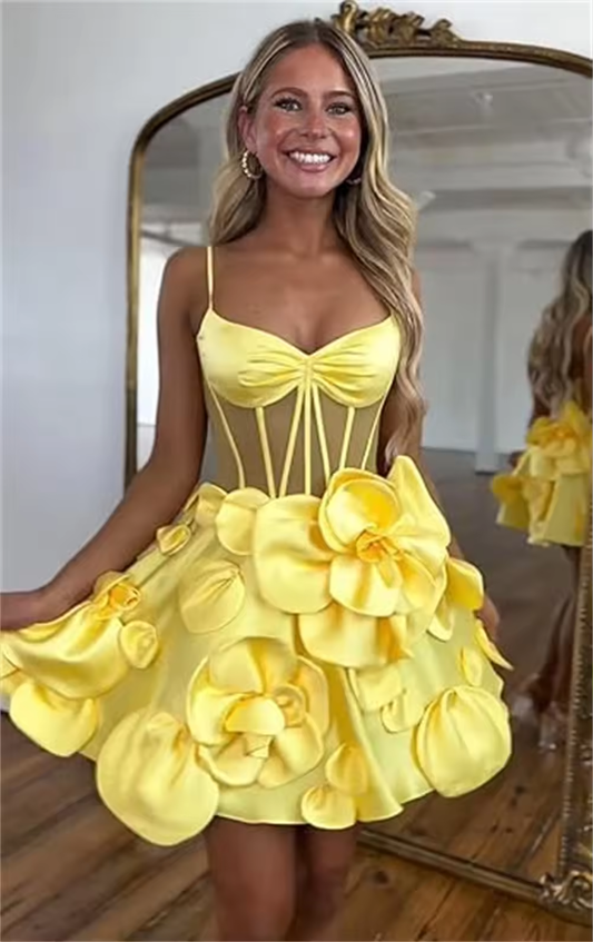Customized Short Satin Homecoming Dresses For Teens 3D Florals Corset Party Spaghetti Strap Mini Cocktail Dresses