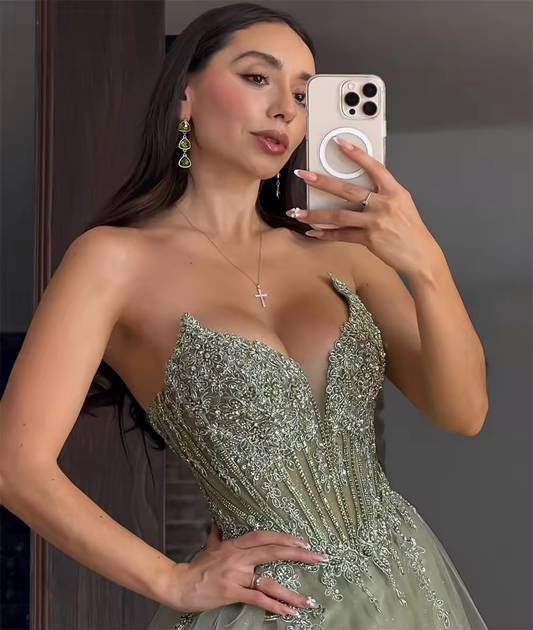 Light Green Embroidered V Neck Prom Dress Side High Split Tulle vestidos de noiva Customize A-line Floor-length Graduation
