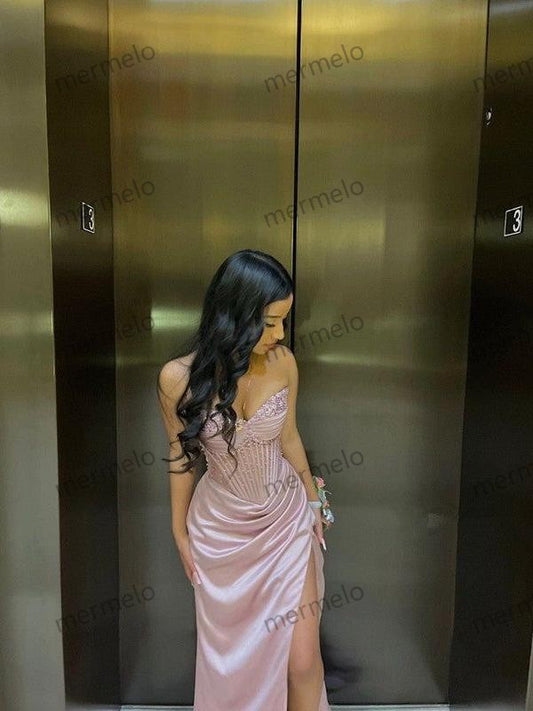 Elegant Sheath Sweetheart Sequin Pink Satin Slit Prom Dresses Evening Dress