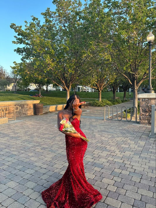 Sexy Mermaid Sweetheart Sequin Red Long Prom Dresses Party Dress