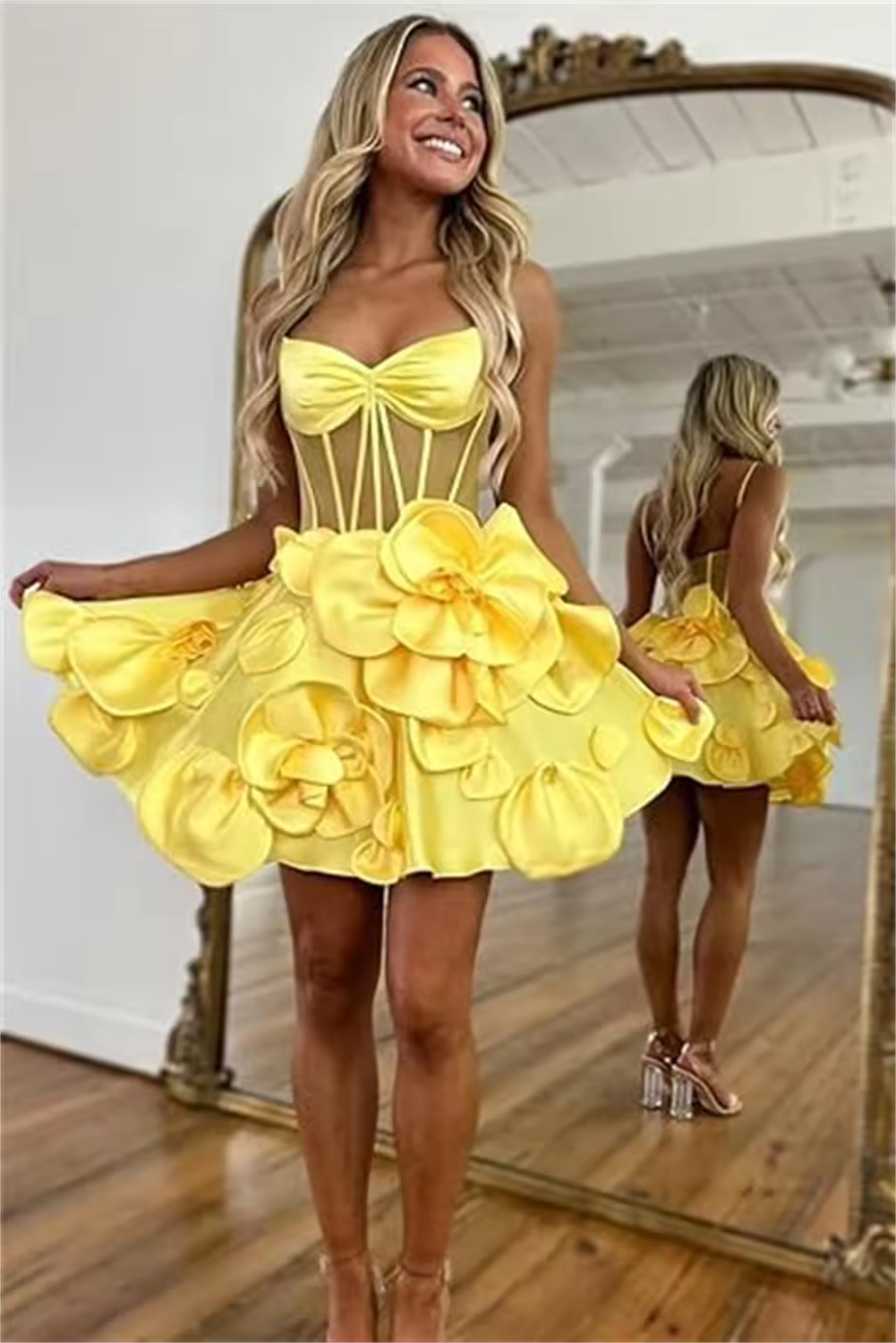 Customized Short Satin Homecoming Dresses For Teens 3D Florals Corset Party Spaghetti Strap Mini Cocktail Dresses
