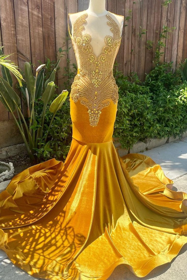 V-neck Gold Velvet Sleeveless Mermaid Long Court Train Prom Dress